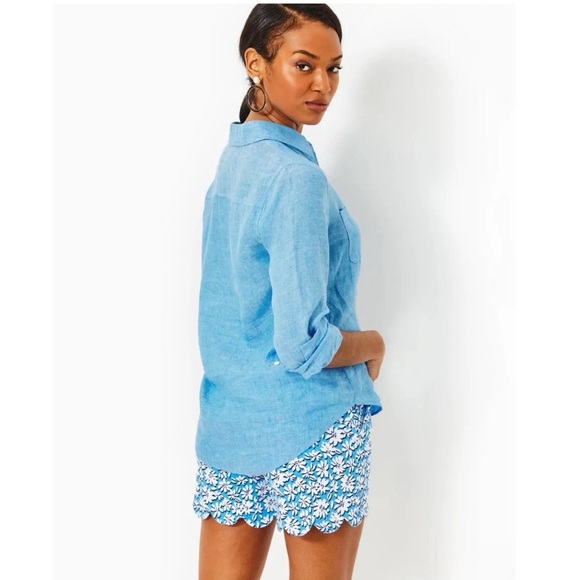 NEW Lilly Pulitzer Sea View Linen Button Down Top Beckon Blue & Sea Salt Shirt - Picture 5 of 11